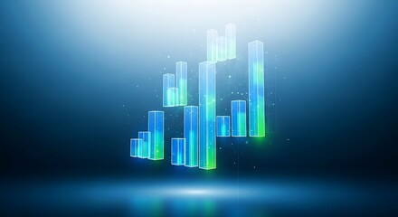 Abstract data visualization showing rising bars on a blue gradient surface, representing growth and success with a futuristic and optimistic mood.