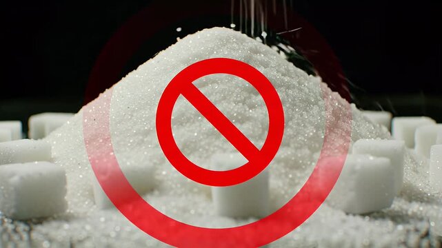 Pile of White Sugar Crystals and Cubes Against Black Background with Red Prohibition Symbol for Healthy Diet Concept