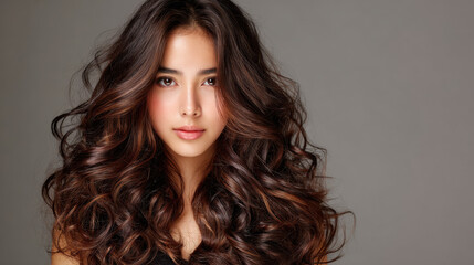 Naklejka premium Young woman with voluminous, curly hair poses confidently against neutral background, showcasing her natural beauty and radiant skin. Her expression is serene and captivating