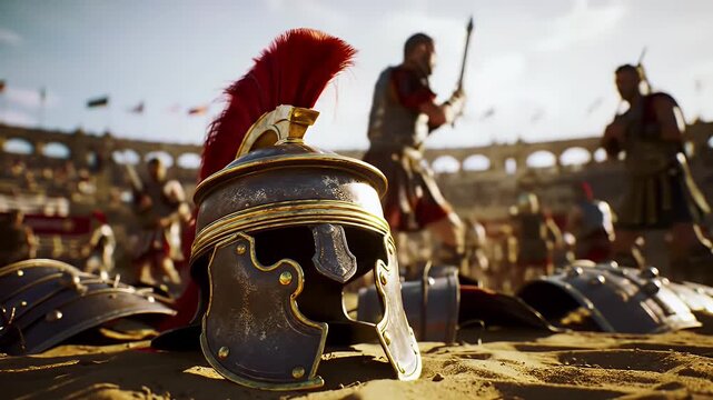 Roman Soldier Helmet with Red Plume on Arena Sand Ground with Fighting Gladiators and Spectators under Bright Sunlight