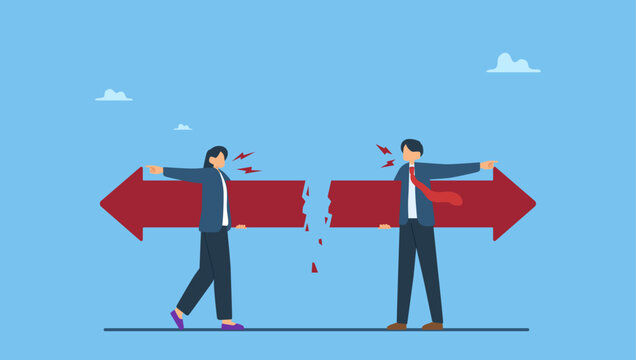 Businessman and businesswoman holding arrow running in opposite position. Different individual way, different business direction or team conflict, opposite decision, contrast or disagreement.