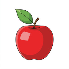 Cartoon Red Apple with Green Leaf and Brown Stem Illustration