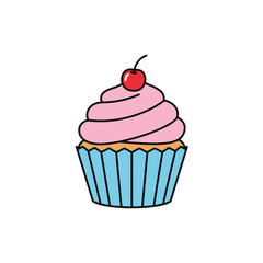 Cartoon Cupcake with Pink Frosting and Cherry Topping