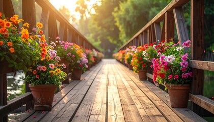 A wooden bridge adorned with vibrant flower pots stretches toward a sunlit green backdrop. The bridge is a walkway over water