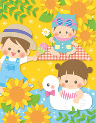 たのしい夏のイラスト_ひまわりと子供たち