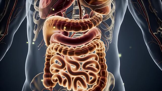 Human Anatomy with Digestive System and Veins Highlighted in Detailed Medical Visualization on Dark Background