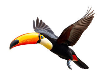 Naklejka premium Toucan bird flying, isolated on transparent PNG background created in Generative AI