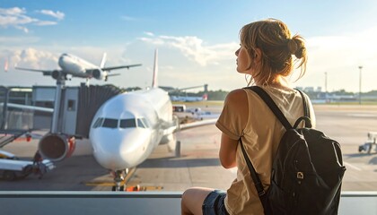 A woman with a backpack looks out a large window at a busy airport terminal, as a plane takes off