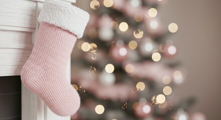 Festive holiday scene of a pink knitted Christmas stocking hung on a white mantel with a blurred Christmas tree in the background.