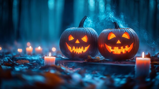 Two glowing jack-o’-lantern pumpkins surrounded by candles in a misty forest, creating a spooky and atmospheric Halloween night scene filled with mystery, autumn charm, and seasonal celebration.