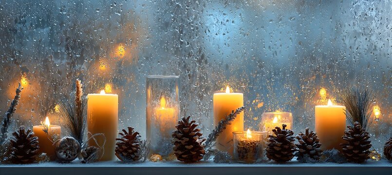 Cozy winter scene with candles and pine cones on a window sill with raindrops and blurred lights creating a warm atmosphere