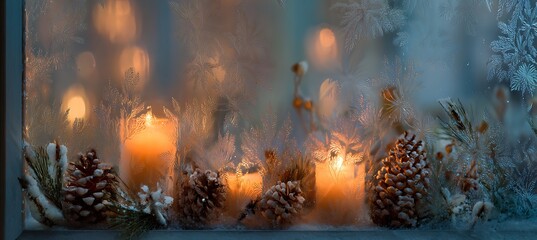 Atmospheric winter window with candles and pine cones creating a warm and inviting ambiance against a frosted glass background