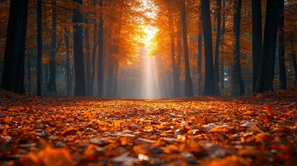 Autumn forest pathway sunlight