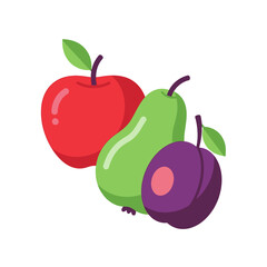 Illustration of a Red Apple, Green Pear, and Purple Plum