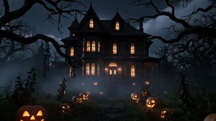 An eerie haunted mansion at the end of a path lined with glowing jack-o'-lanterns in a spooky, misty forest, a perfect atmospheric scene for a Halloween night horror story - Powered by Adobe