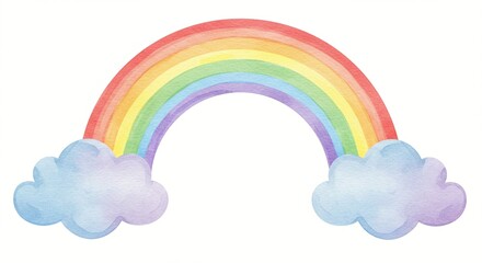Vibrant rainbow arcs across the sky, nestled between two fluffy clouds. A colorful and cheerful watercolor illustration.