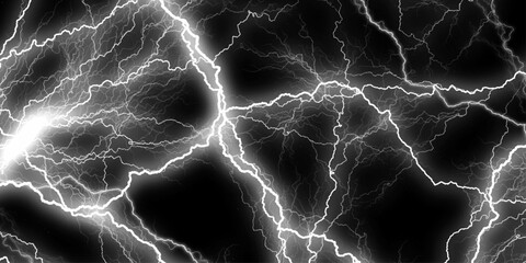 Lightning Strikes Amidst Heavy Rainfall and Dark Storm Clouds. Mesmerizing streaks of vibrant white lightning crackle across the night sky, illuminating the darkness with raw power and fleeting beauty