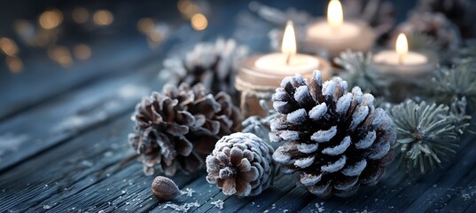 Festive winter still life with frosted pine cones and candles on a rustic wooden surface for christmas