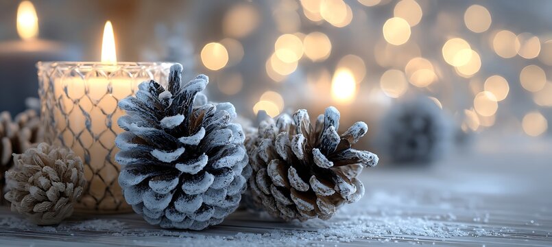 Beautiful winter still life with frosted pine cones and candles on a rustic wooden surface for christmas