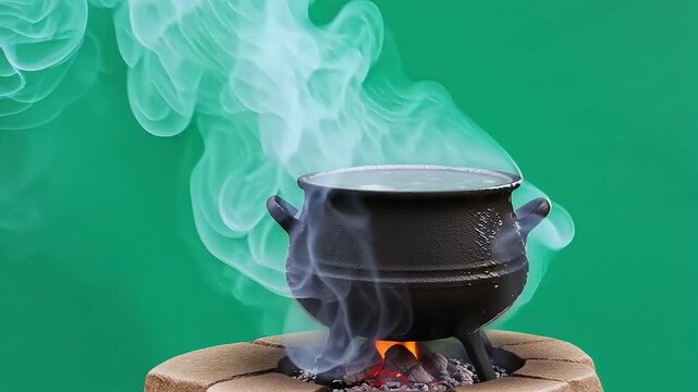 Mysterious cauldron bubbling with ethereal steam against a vibrant green backdrop.
