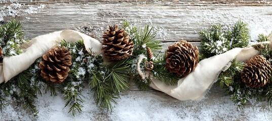 Festive christmas garland with pine cones, evergreen branches and a rustic ribbon on a wooden background
