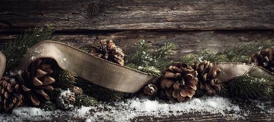 Festive christmas garland with pine cones, evergreen branches and a burlap ribbon on a wooden background