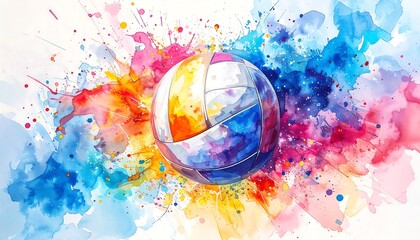 Colorful volleyball in watercolor splatters