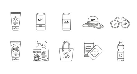 Summer Essentials Line Art: Sunscreen, Aloe Vera, Hat, Sunglasses, and More