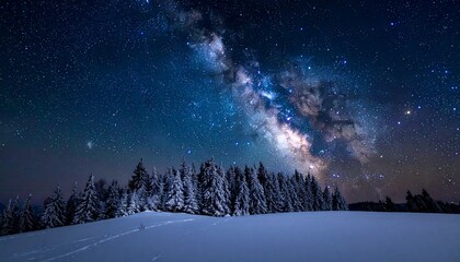 Snowy winter landscape with trees and starry night sky