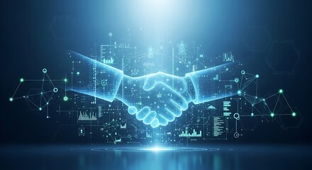 Digital handshake connecting two parties through a network of data and technology, symbolizing partnership and innovation in the modern era.