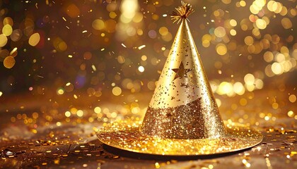 Golden hat decorated with lights and ornaments for holiday celebration