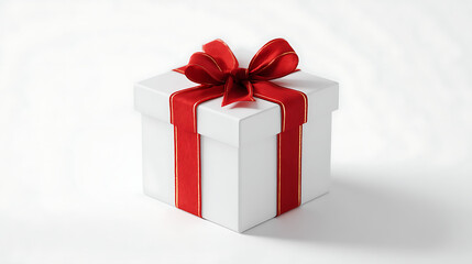 Obraz premium Isolated Christmas gift box mockup on clean white background, wrapped with red ribbon, soft shadows, professional stock photo for advertising and design use.