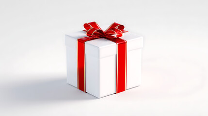 Obraz premium Isolated Christmas gift box mockup on clean white background, wrapped with red ribbon, soft shadows, professional stock photo for advertising and design use.