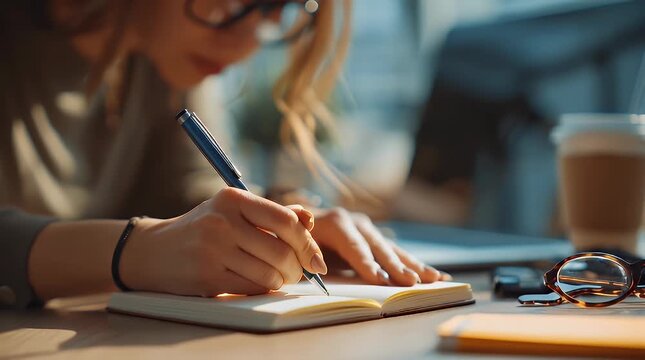 Creative workspace with hands writing notes and drinking coffee with ai generated
