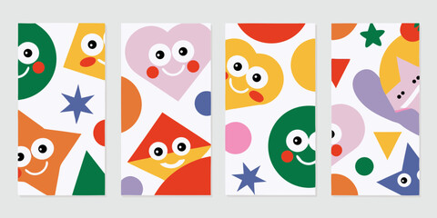 Four vertical panels featuring cute abstract shapes with happy faces in a playful colorful design