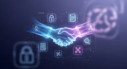Digital handshake connecting two virtual hands amidst glowing data symbols, representing secure partnership and technological collaboration.