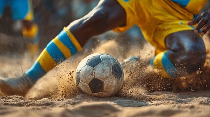 Dynamic beach soccer action player sliding with ball kicking up sand during an intense game