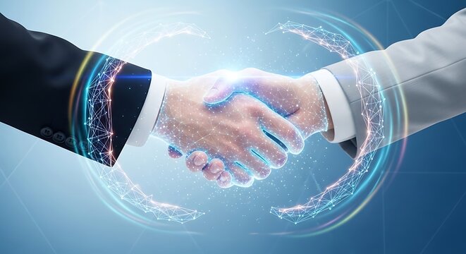 Business partners shaking hands with digital overlay in modern office, showcasing collaboration and innovation in the tech industry, symbolizing trust and progress.