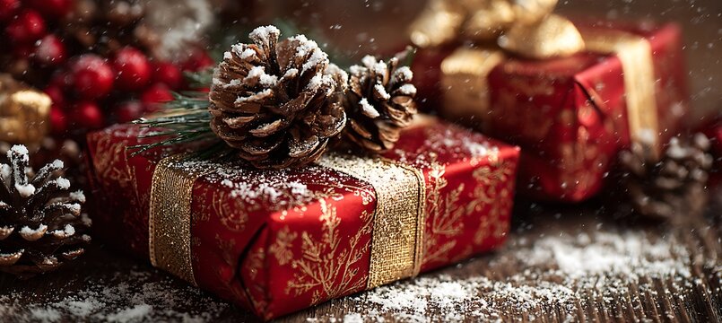 A festive arrangement of christmas gifts, pine cones, and red berries covered in snow, creating a cozy winter scene