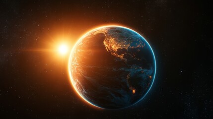 Obraz premium The first light of day illuminates Earth surface as the sun rises from beyond the horizon in outer space, revealing the planet beauty, inspiring hope, symbolizing humanity connection to the cosmos.