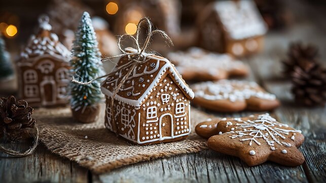 Gingerbread house and star shaped cookies on a wooden table with christmas tree and lights in background