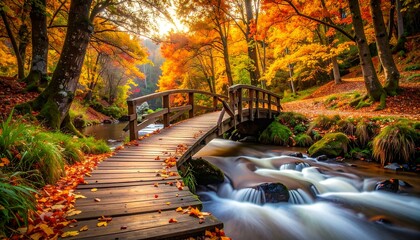 A wooden bridge spans a flowing stream, embraced by vibrant, autumn-colored trees. Sunlight filters through