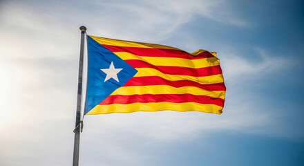 Vibrant Catalan flag, the Estelada, waving against a clear blue sky. This image represents Catalan independence, pride, and regional identity, perfect for cultural, political, and travel themes.