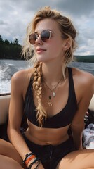 Fototapeta premium A young carefree woman with braided blonde hair and sunglasses sitting on a boat and taking in the peaceful natural surroundings of a tranquil lake