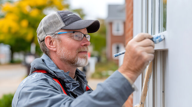 Skilled Worker Painting a Home Exterior in a Suburban Neighborhood During a Sunny Afternoon