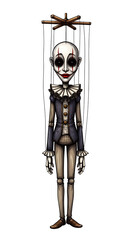 A tall, unnerving cartoon mural of a "creepy marionette." A slender, porcelain-faced puppet with a sinister, painted-on smile and dark, hollow eyes hangs in the air. Its strings lead up and out of the