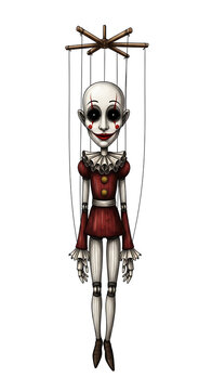 A tall, unnerving cartoon mural of a "creepy marionette." A slender, porcelain-faced puppet with a sinister, painted-on smile and dark, hollow eyes hangs in the air. Its strings lead up and out of the