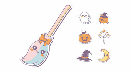 Cute Halloween Broom and Spooky Elements Collection.