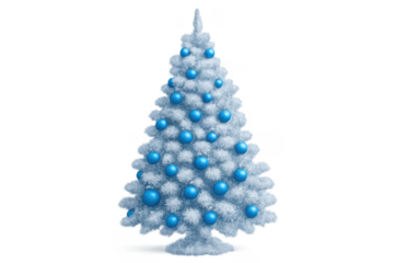 White christmas tree with blue ornaments on transparent background