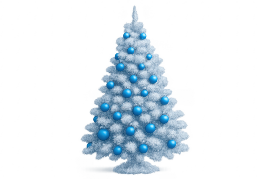 White christmas tree with blue ornaments on transparent background